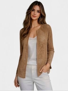 Dana Buchman 100% Suede Leather Laser Cut Jacket Open Front Tan XS